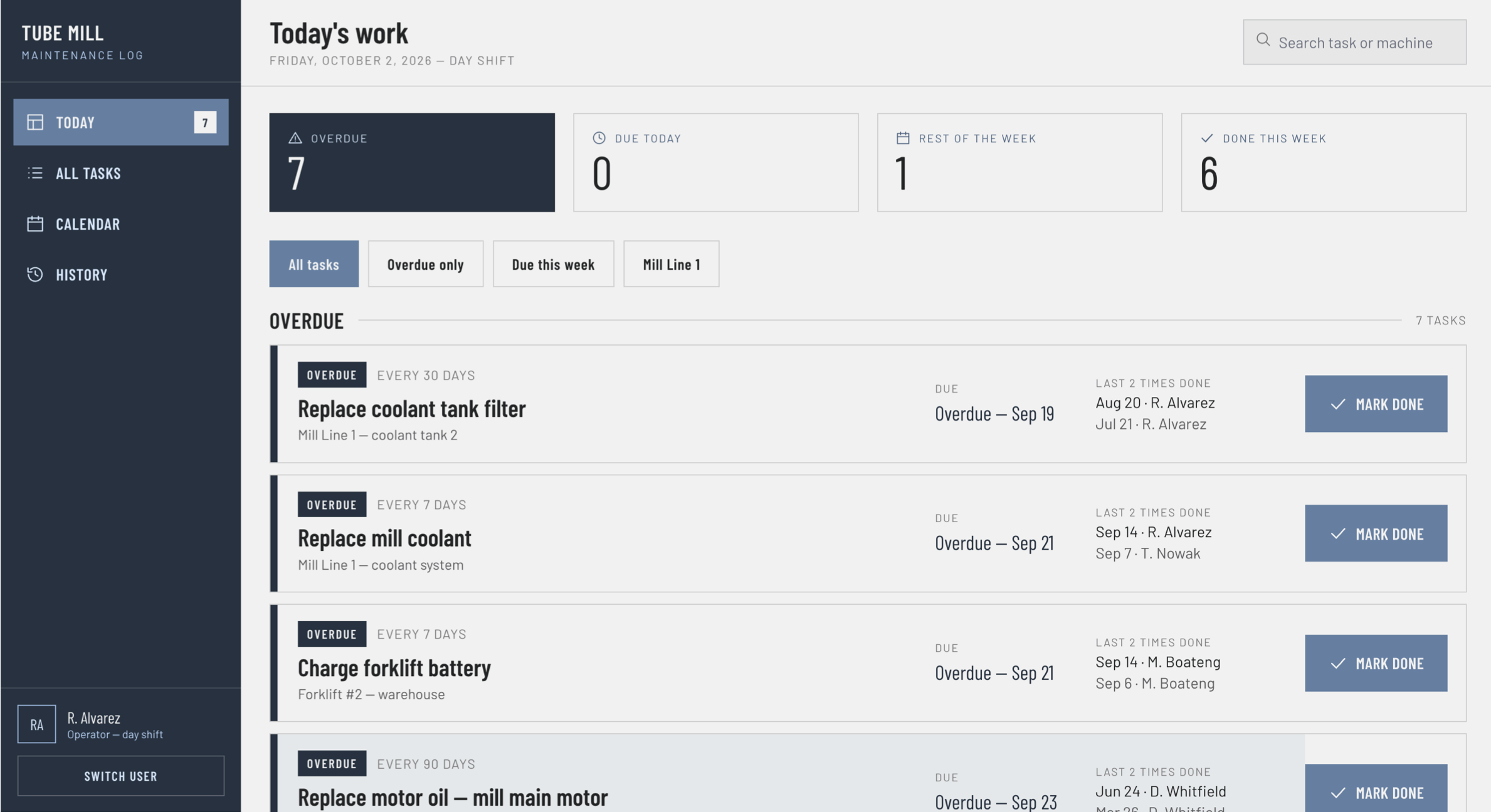 Maintenance Log application showing daily tasks and overdue items
